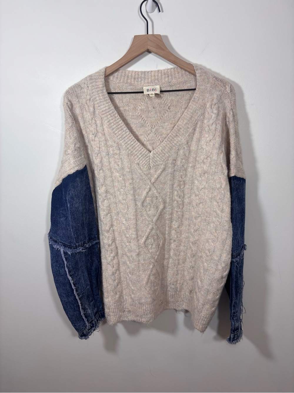 Bibi V Neck Sweater with Denim Sleeves Mixed Media Size Medium